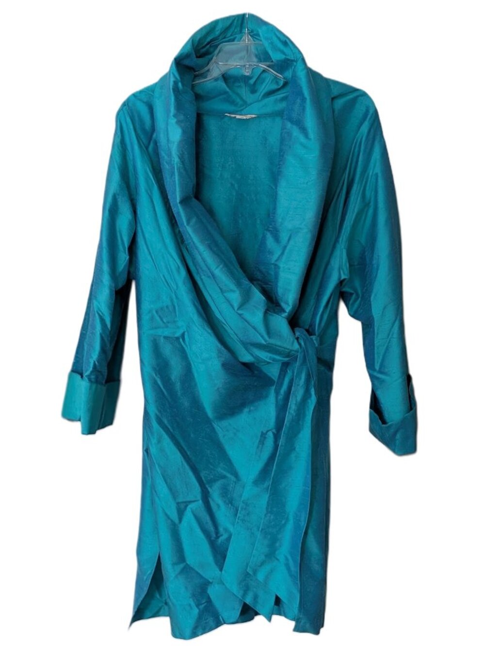 Lorain Croft NYC Teal Iridescent Raw Dupioni Silk Wrap Duster Coat